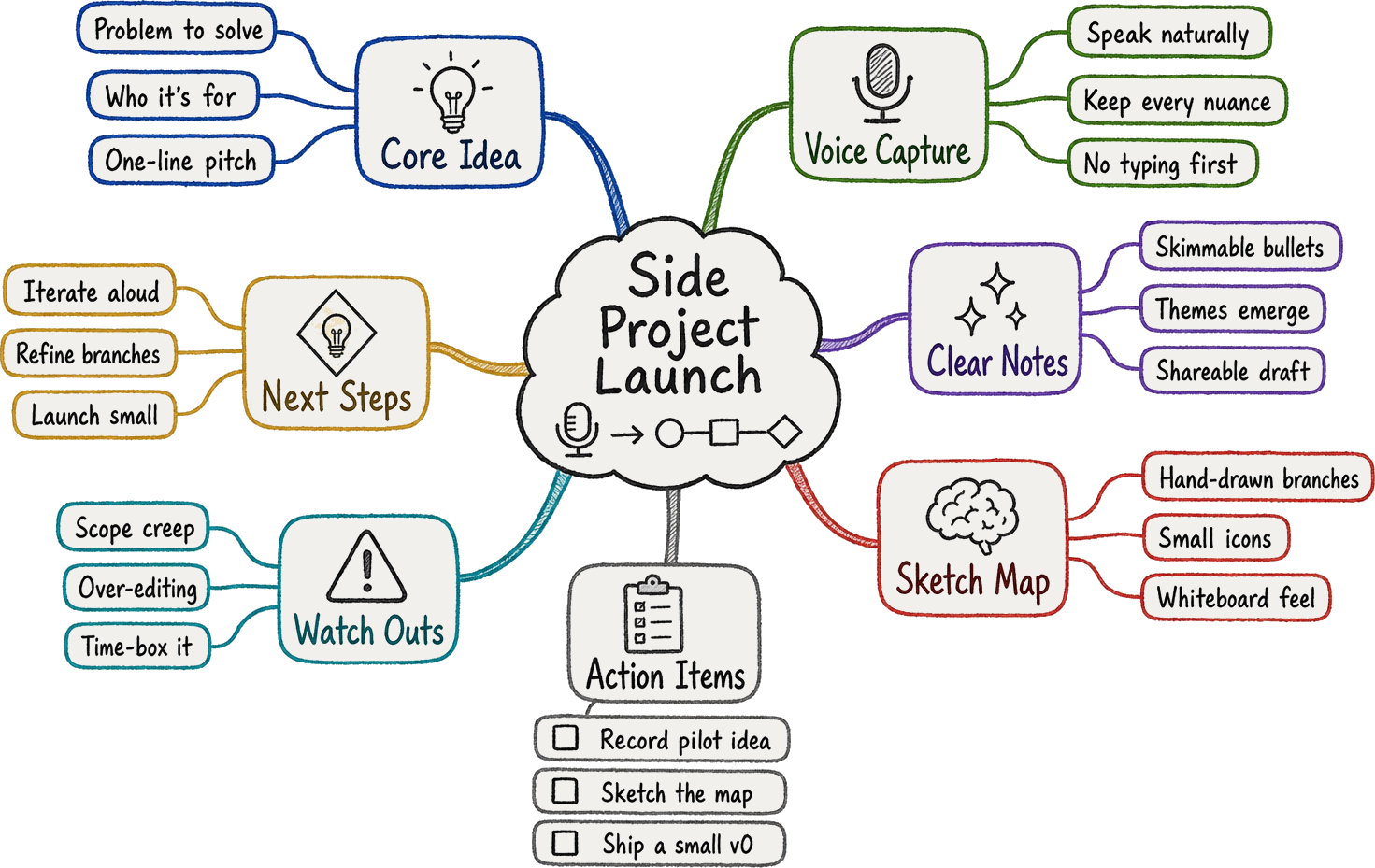 Hand-drawn sketchy mind map titled Side Project Launch — colored branches, doodle icons, and pill-shaped notes like a whiteboard sketch, not a template diagram